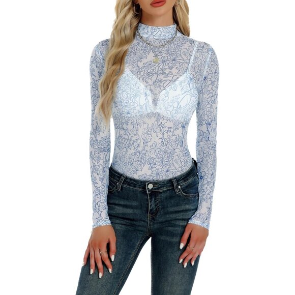 Women Blue Floral Long Sleeve Mock Neck Fitted Sexy See Through Mesh Tops - Picture 1 of 7